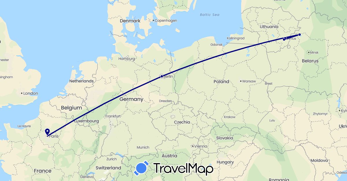 TravelMap itinerary: driving in Belarus, Germany, France, Lithuania (Europe)